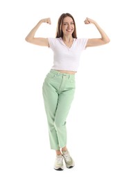 Portrait of happy winner on white background