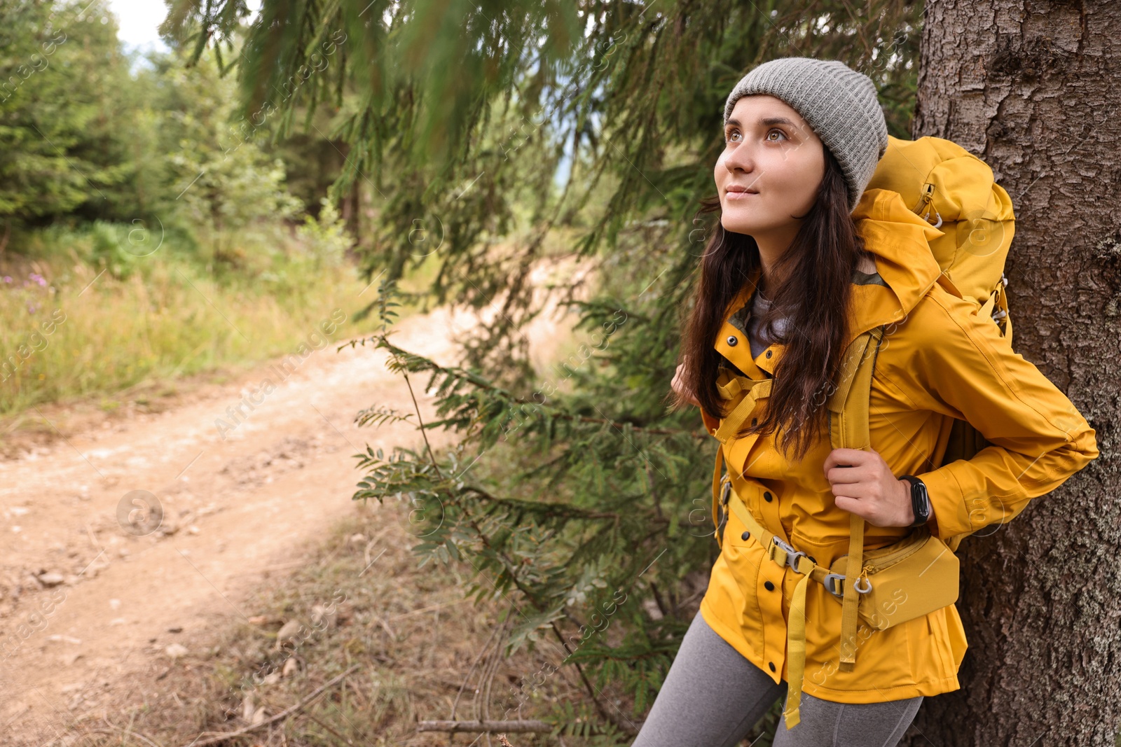 Photo of Young hiker with backpack in forest, space for text