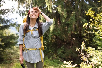 Young hiker with backpack looking at something in forest, low angle view