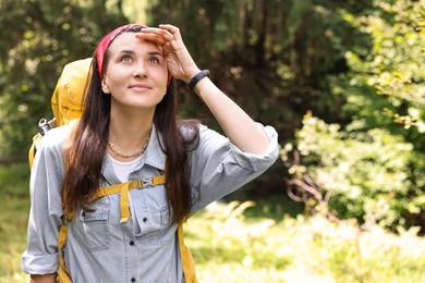 Young hiker with backpack looking at something in forest