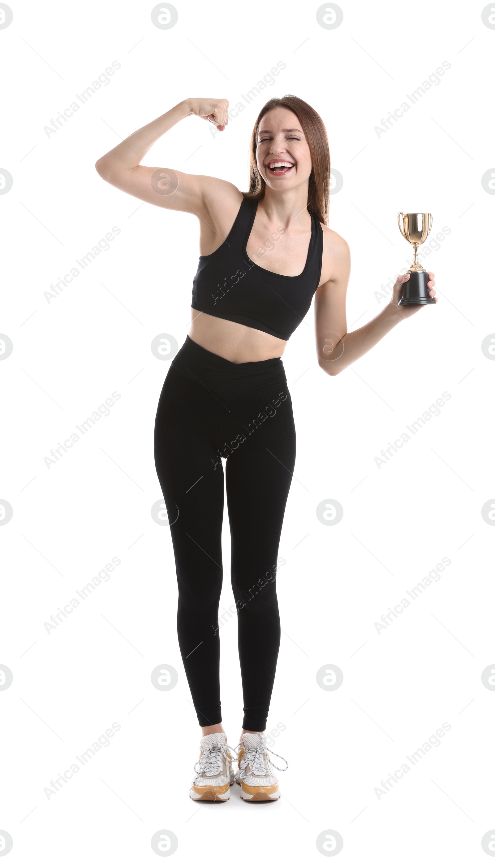 Photo of Happy winner with gold trophy cup on white background