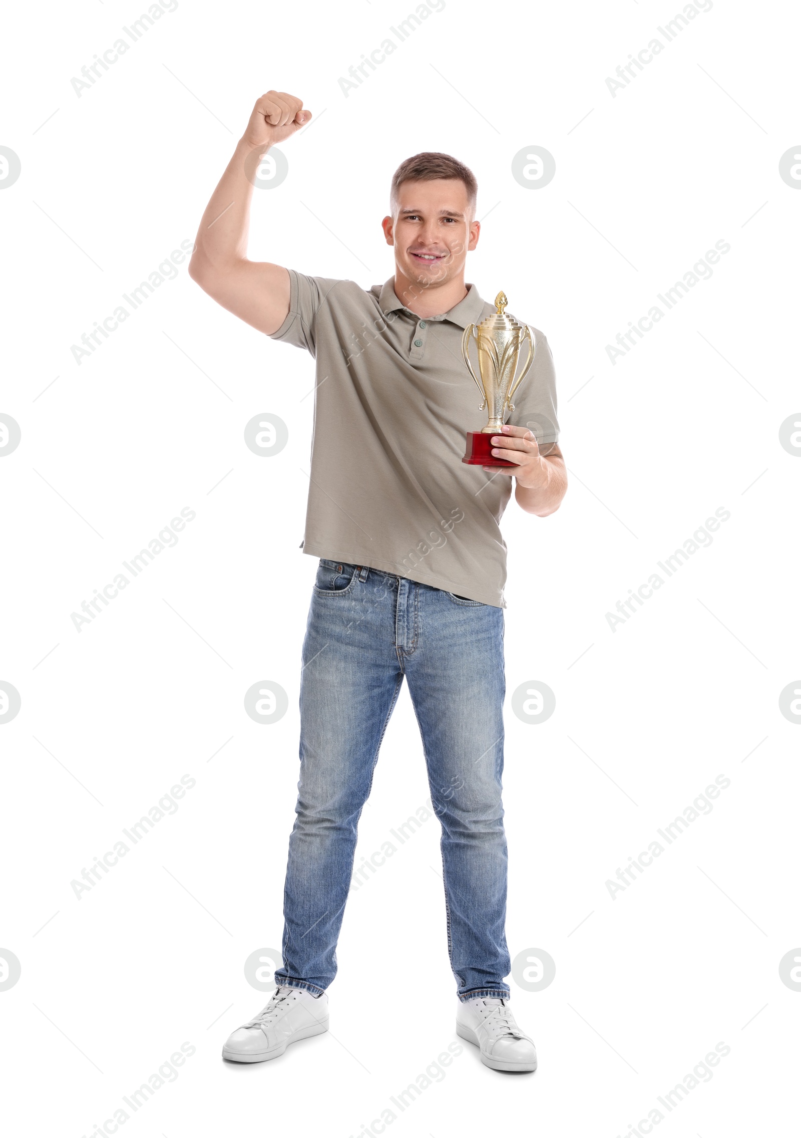 Photo of Happy winner with golden trophy cup on white background