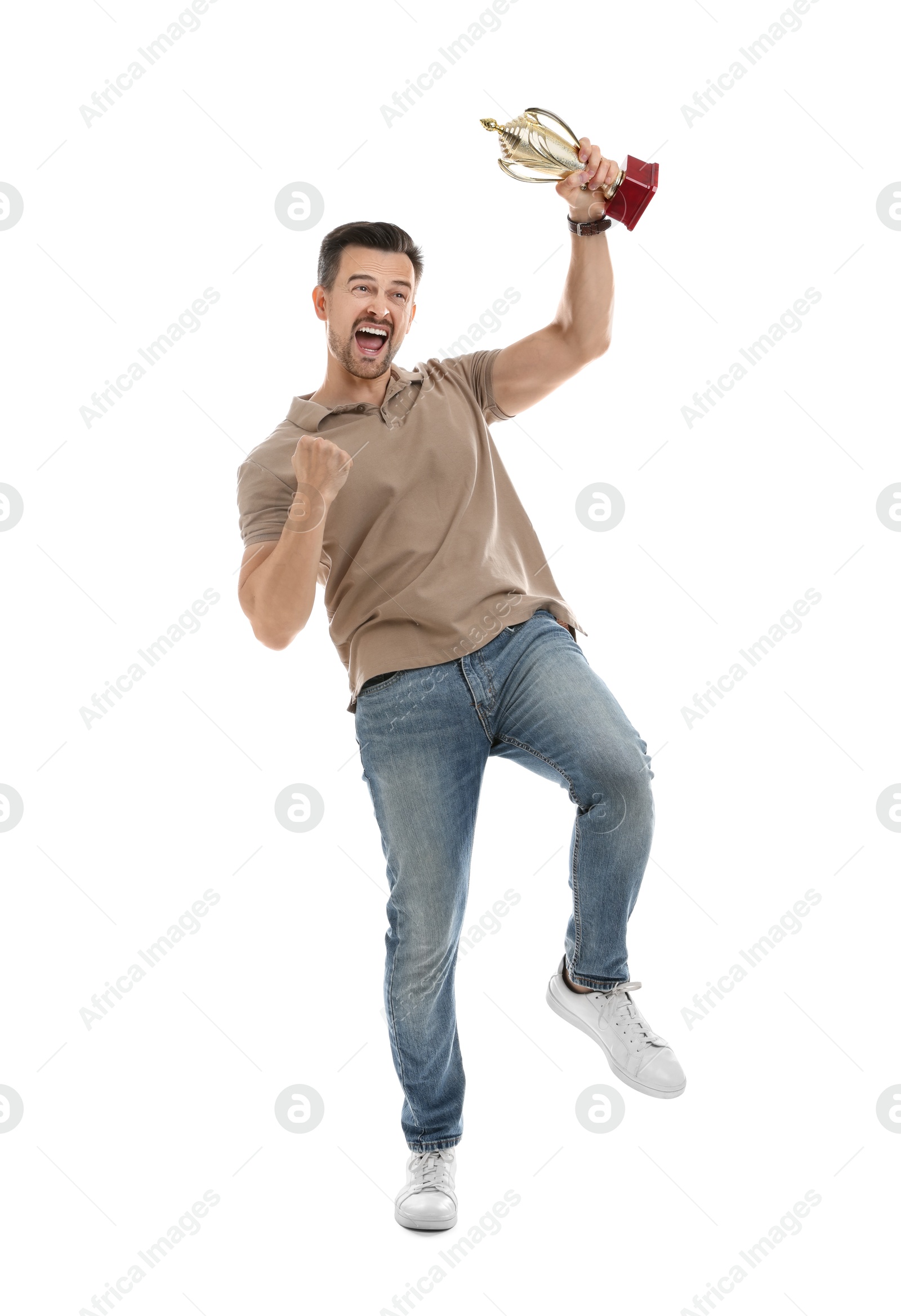 Photo of Happy winner with golden trophy cup on white background