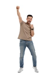 Portrait of happy winner on white background