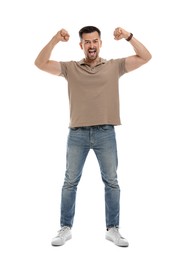 Happy winner showing his biceps on white background