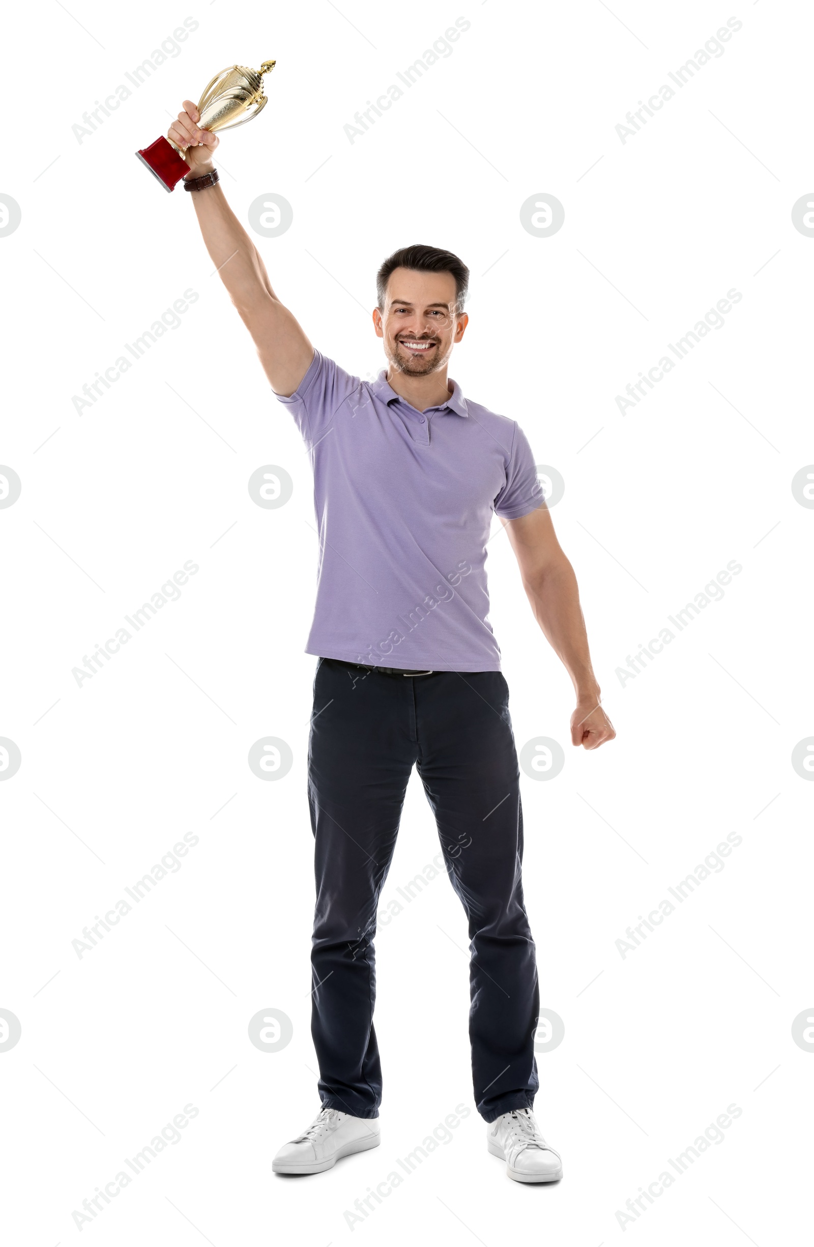 Photo of Happy winner with golden trophy cup on white background