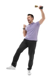 Photo of Happy winner with golden trophy cup on white background