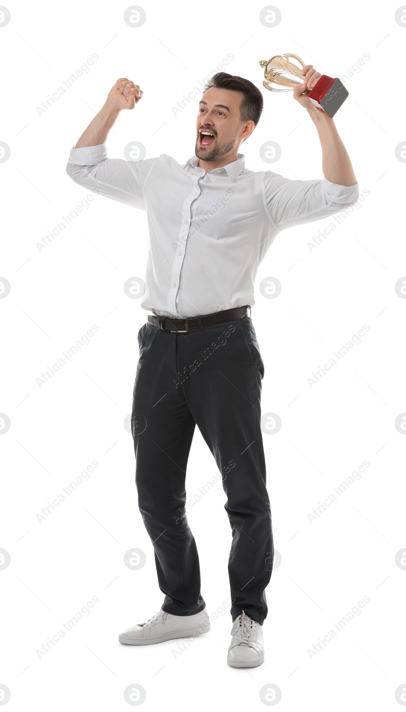 Photo of Happy winner with golden trophy cup on white background