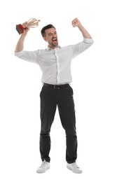 Photo of Happy winner with golden trophy cup on white background