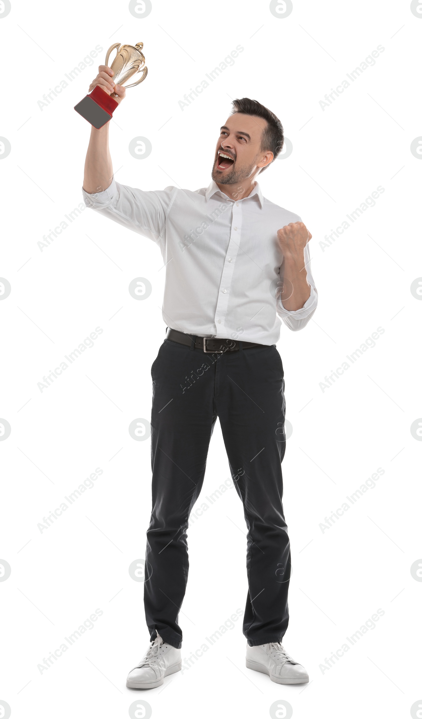 Photo of Happy winner with golden trophy cup on white background