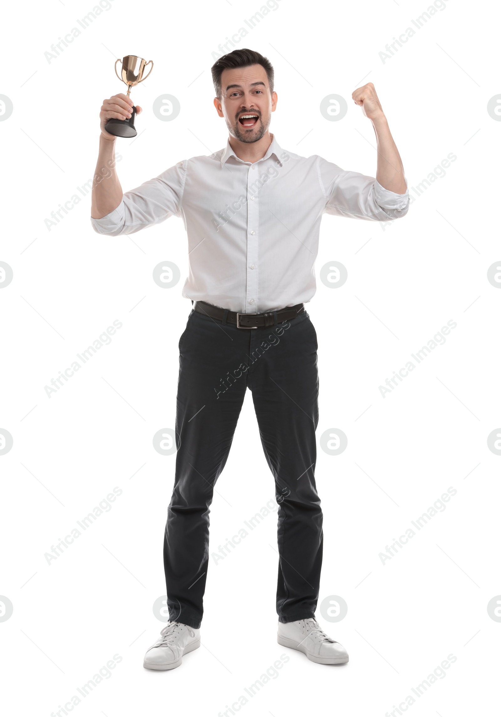 Photo of Happy winner with golden trophy cup on white background