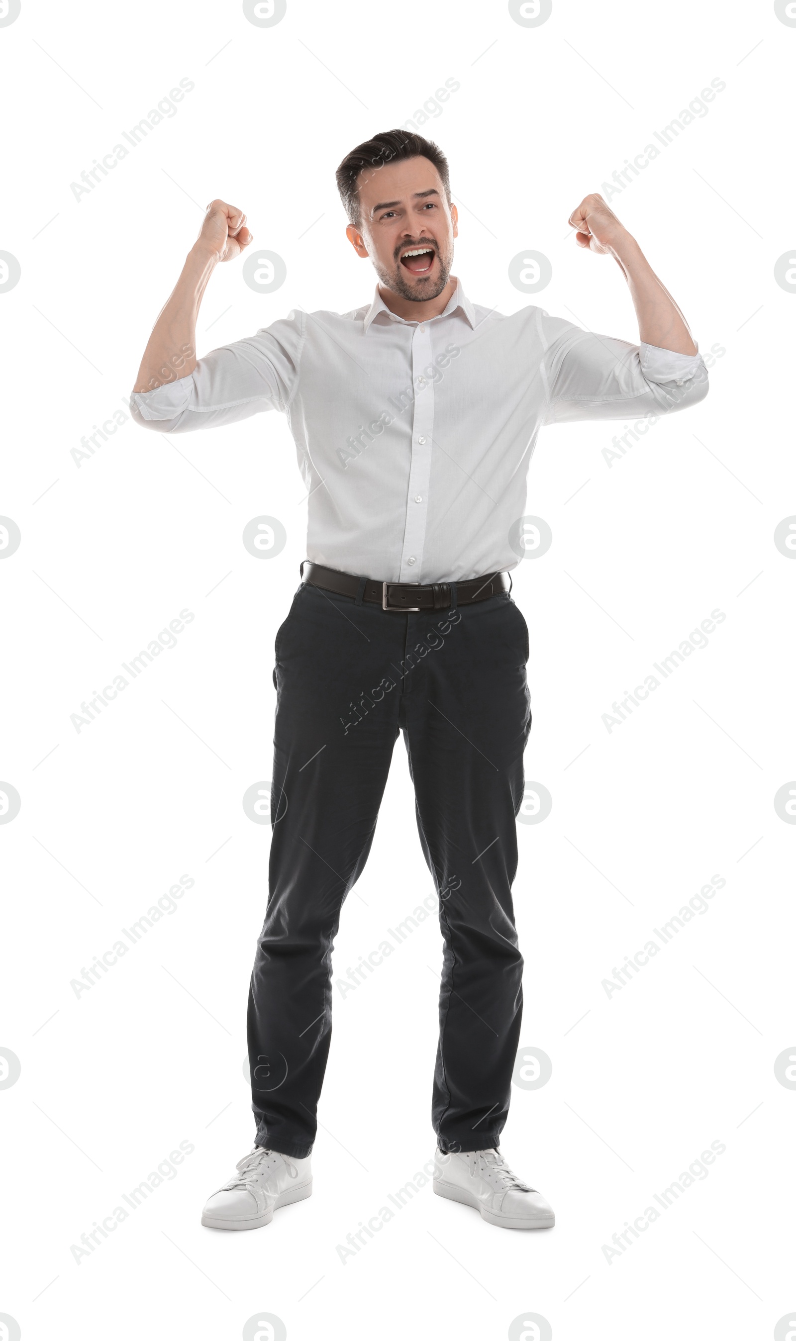 Photo of Portrait of happy winner on white background