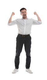 Portrait of happy winner on white background