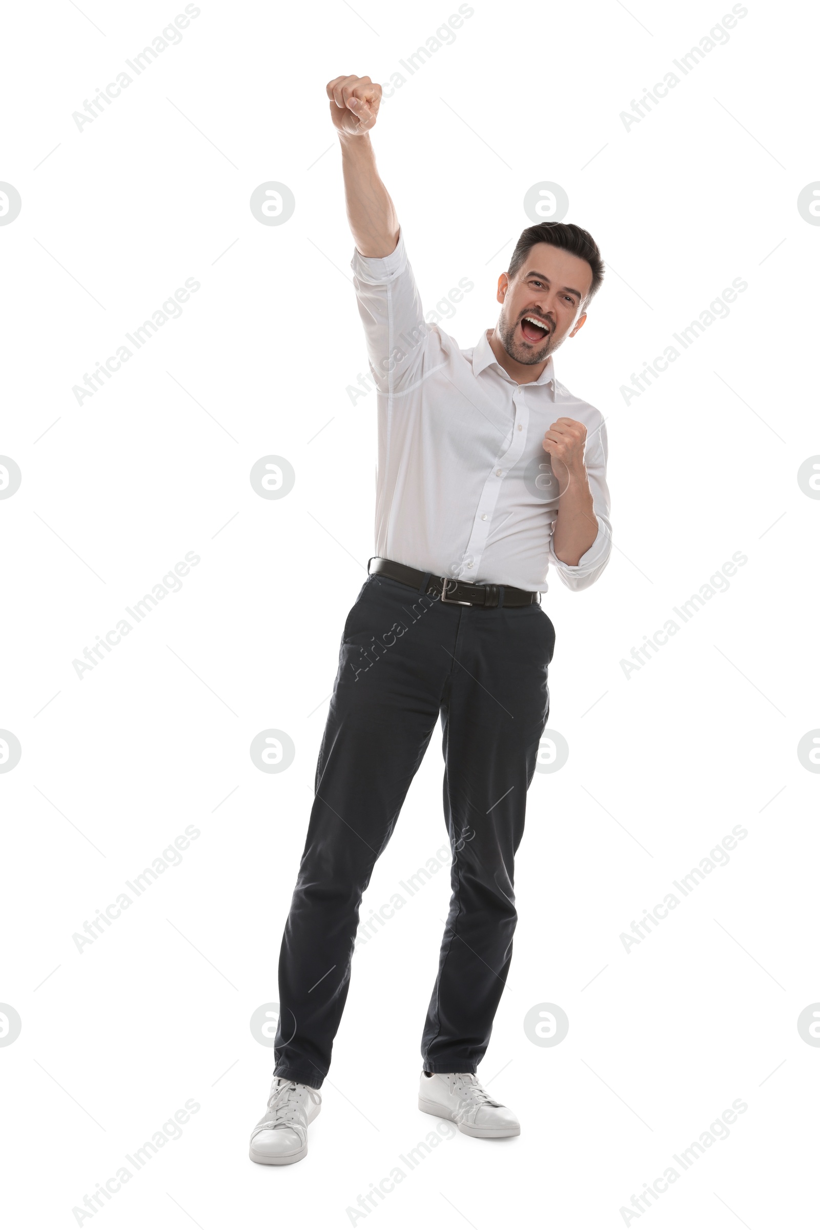 Photo of Portrait of happy winner on white background