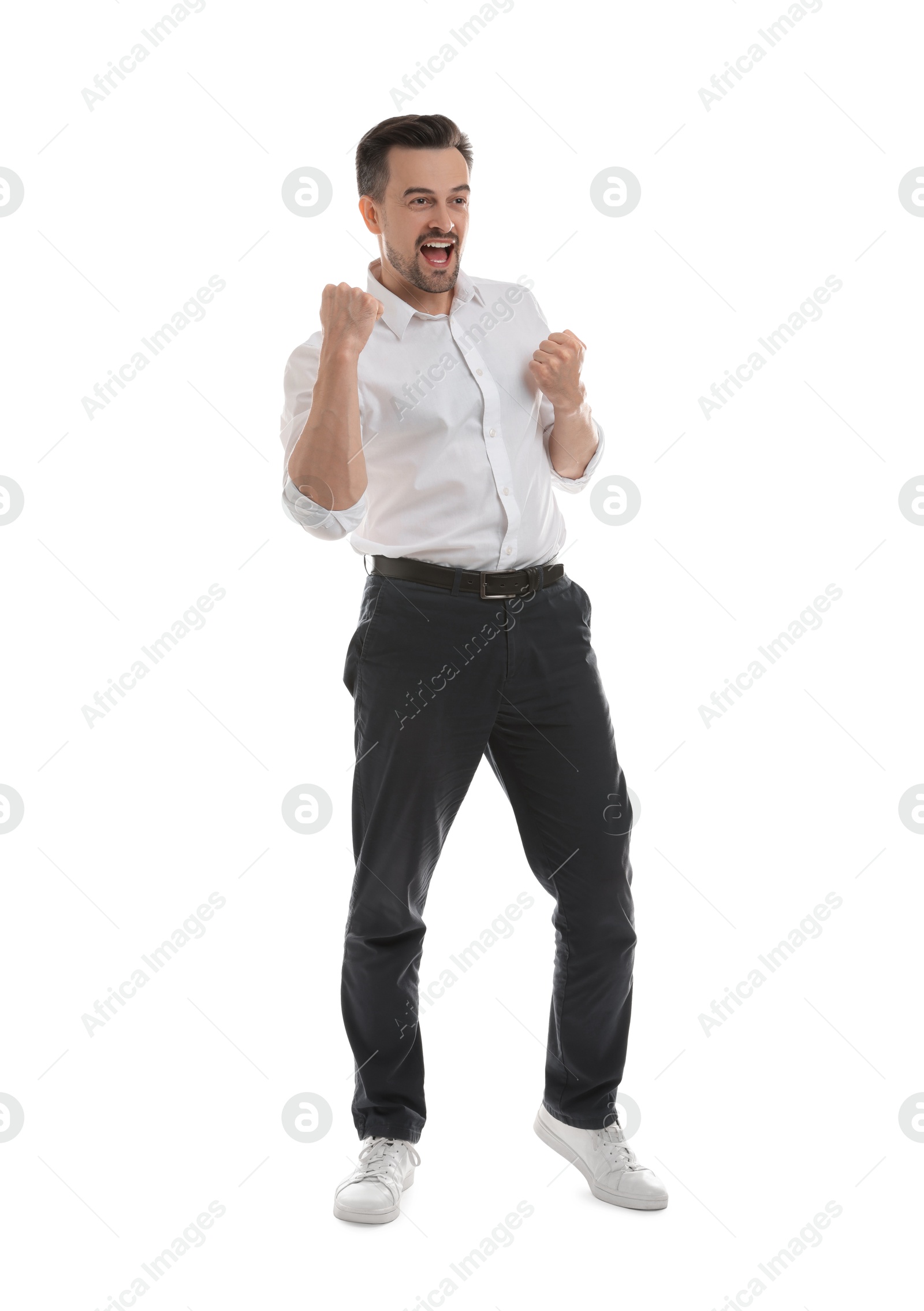 Photo of Portrait of happy winner on white background