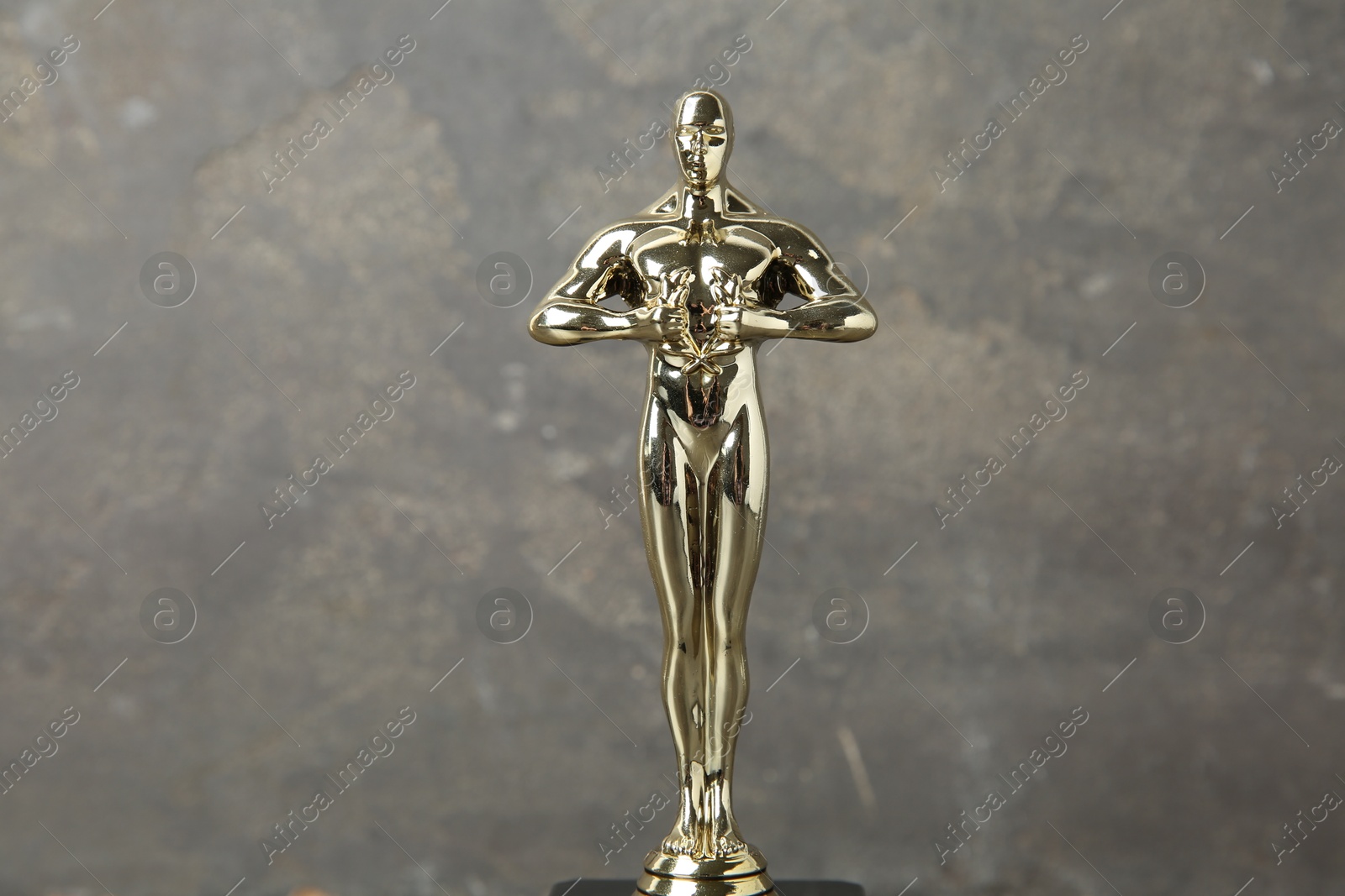 Photo of Golden Oscar award against blurred gray background