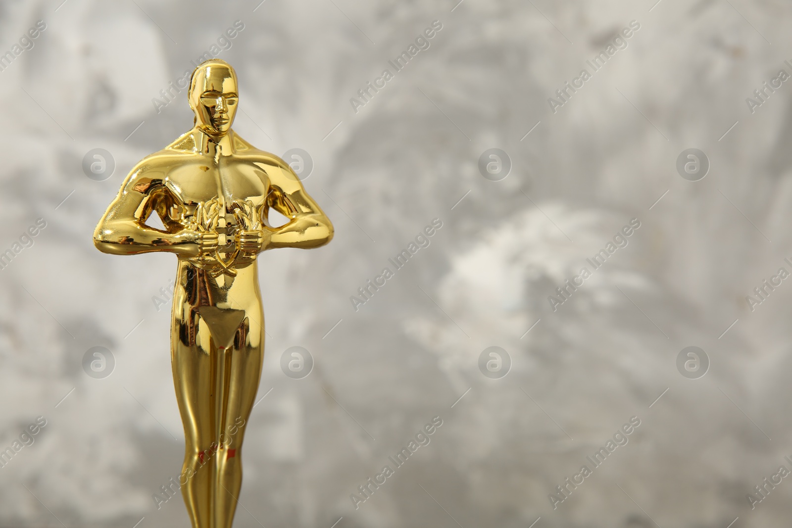 Photo of Golden Oscar award against blurred gray background, space for text