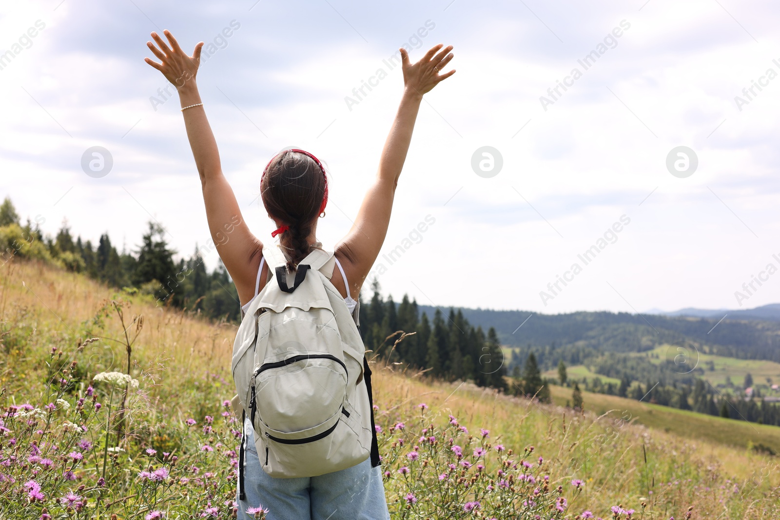 Photo of Tourist with backpack enjoying picturesque landscape with wide open arms, back view. Space for text