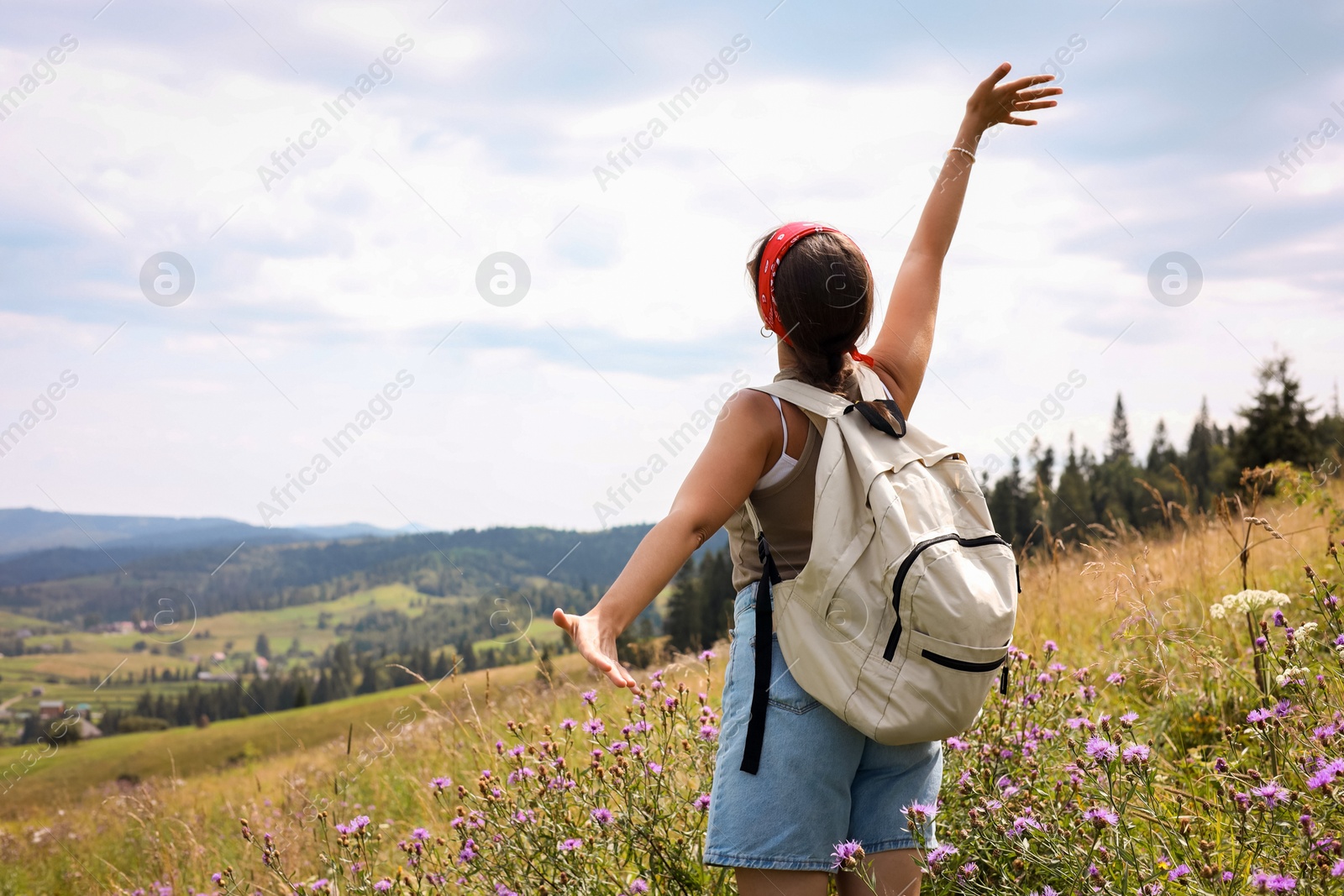 Photo of Tourist with backpack enjoying picturesque landscape with wide open arms, back view. Space for text