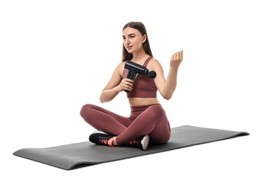 Woman using percussive massager to relieve bicep on white background