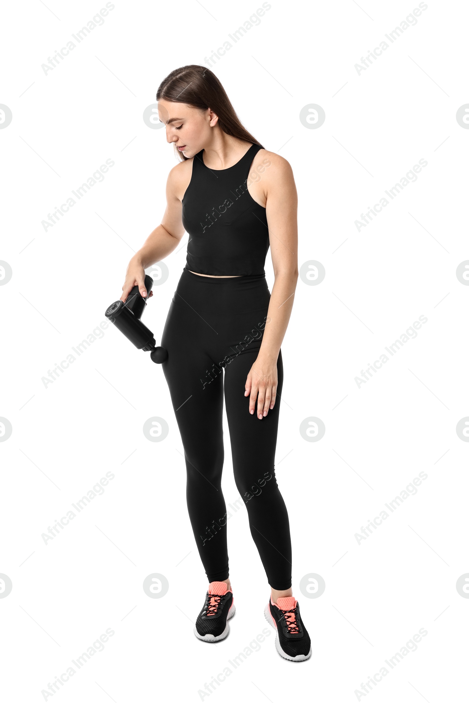 Photo of Woman using percussive massager to relieve hip muscles on white background