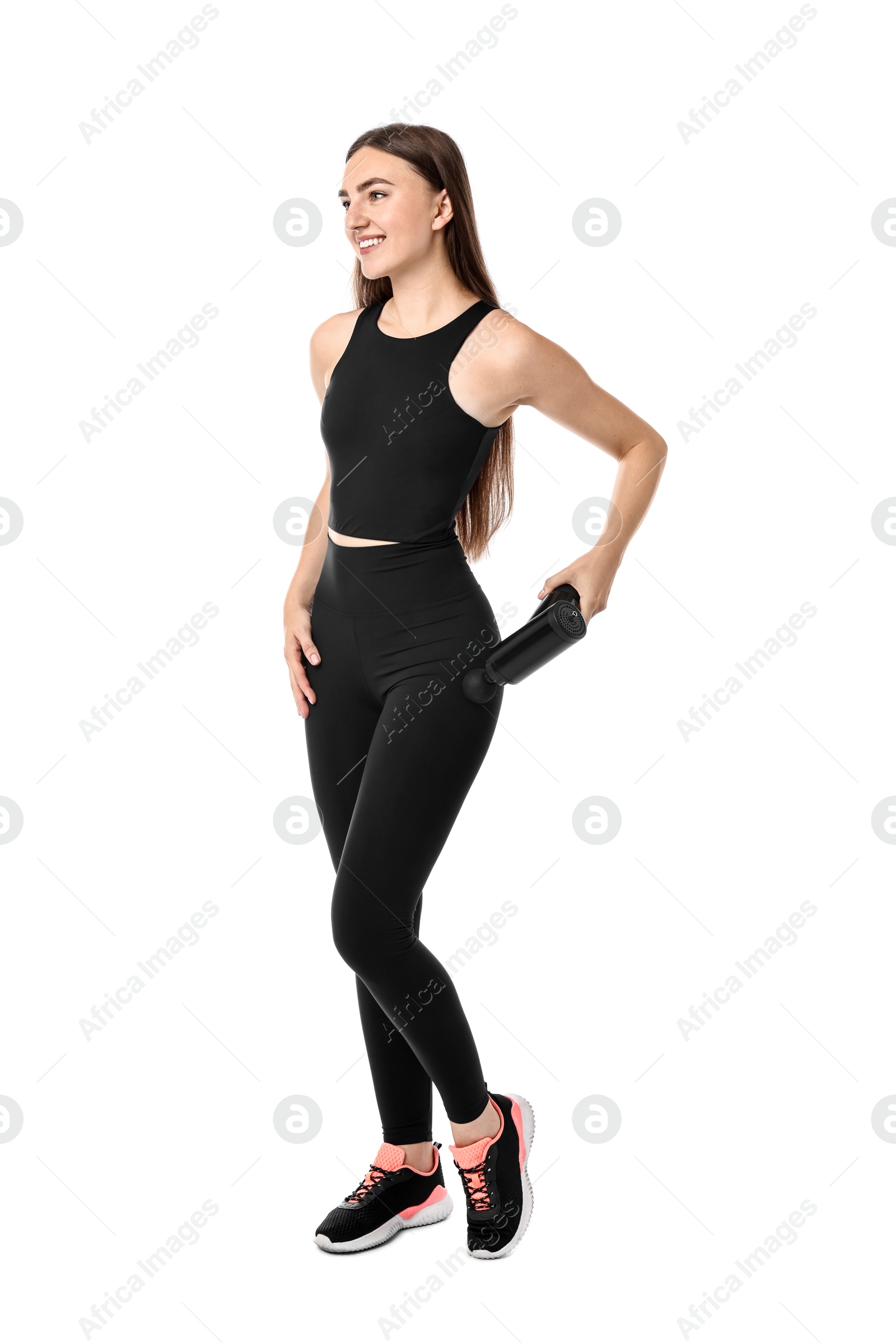 Photo of Woman using percussive massager to relieve hip muscles on white background