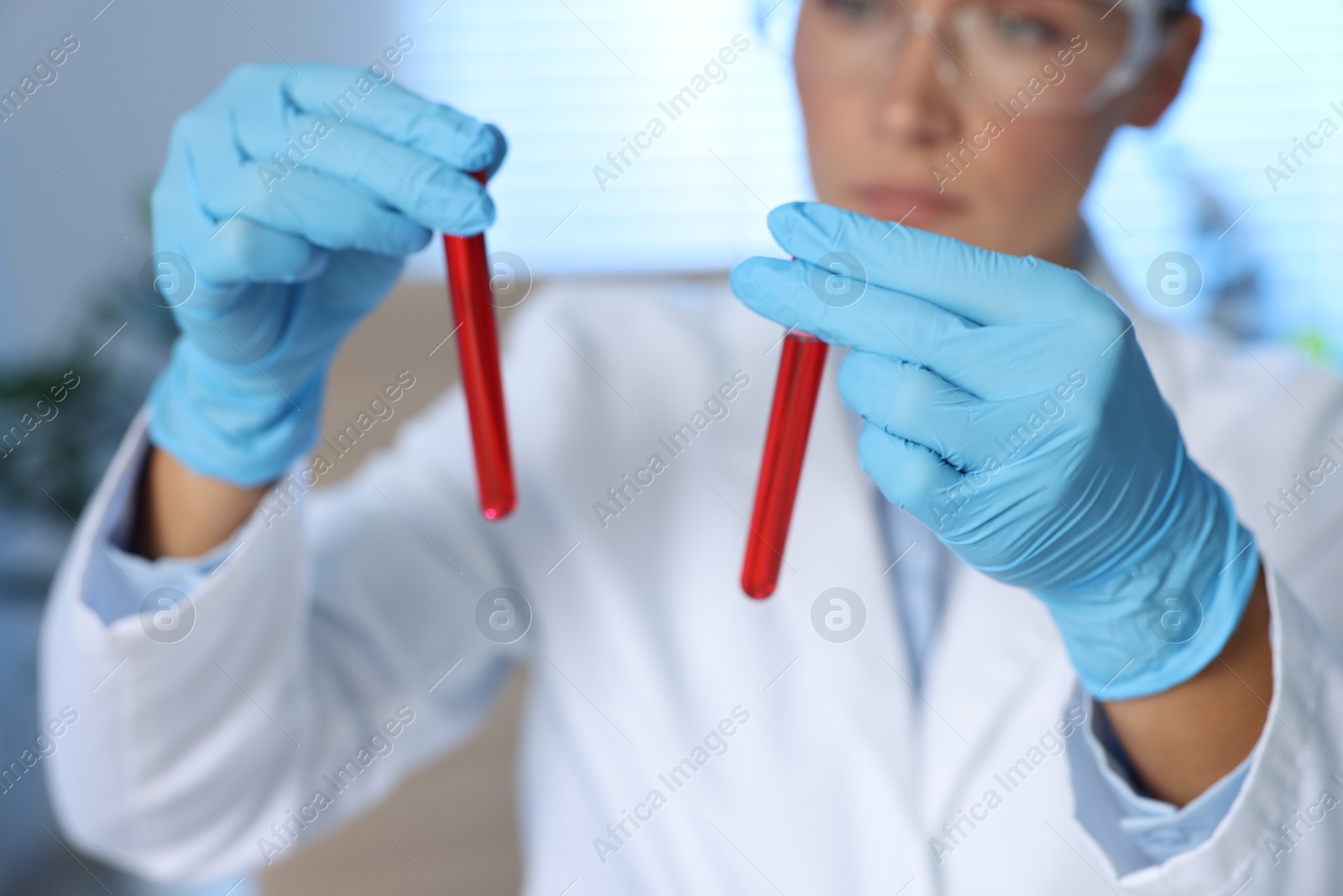 Photo of Laboratory testing. Doctor holding test tubes with blood samples indoors, selective focus