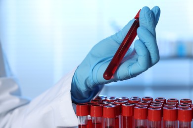 Laboratory testing. Doctor holding test tube with blood sample indoors, closeup