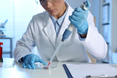 Laboratory testing. Doctor dripping blood sample into Petri dish at table indoors, closeup