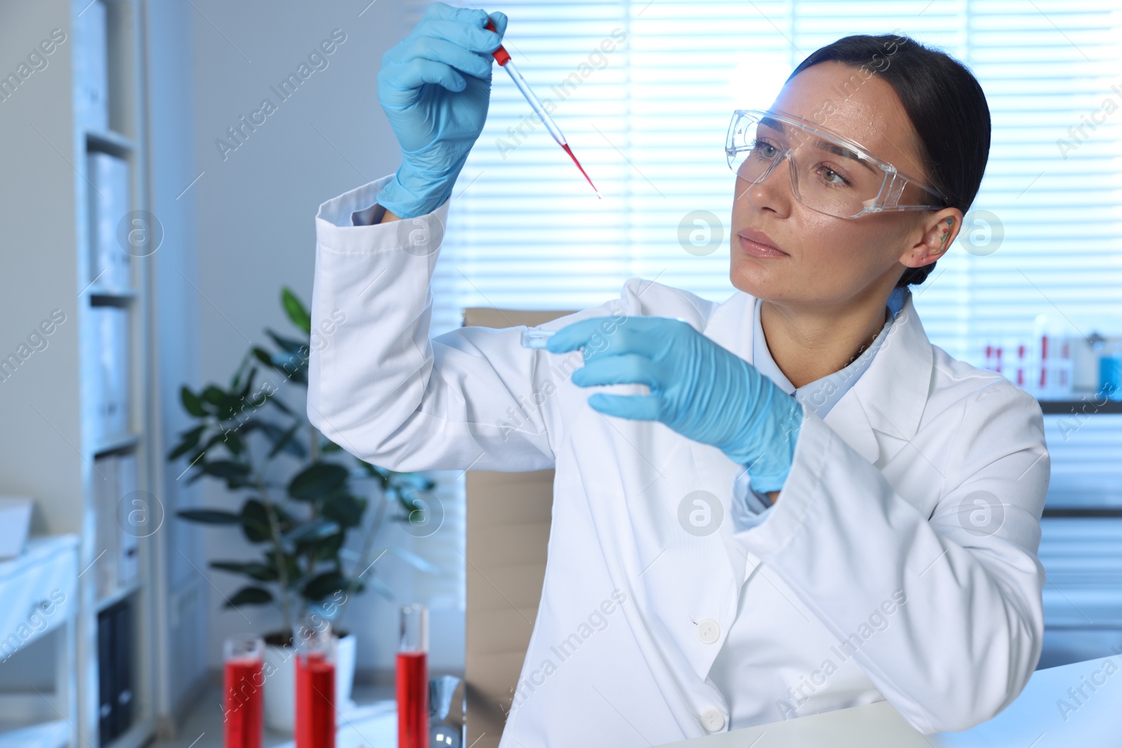 Photo of Laboratory testing. Doctor dripping blood sample into Petri dish indoors