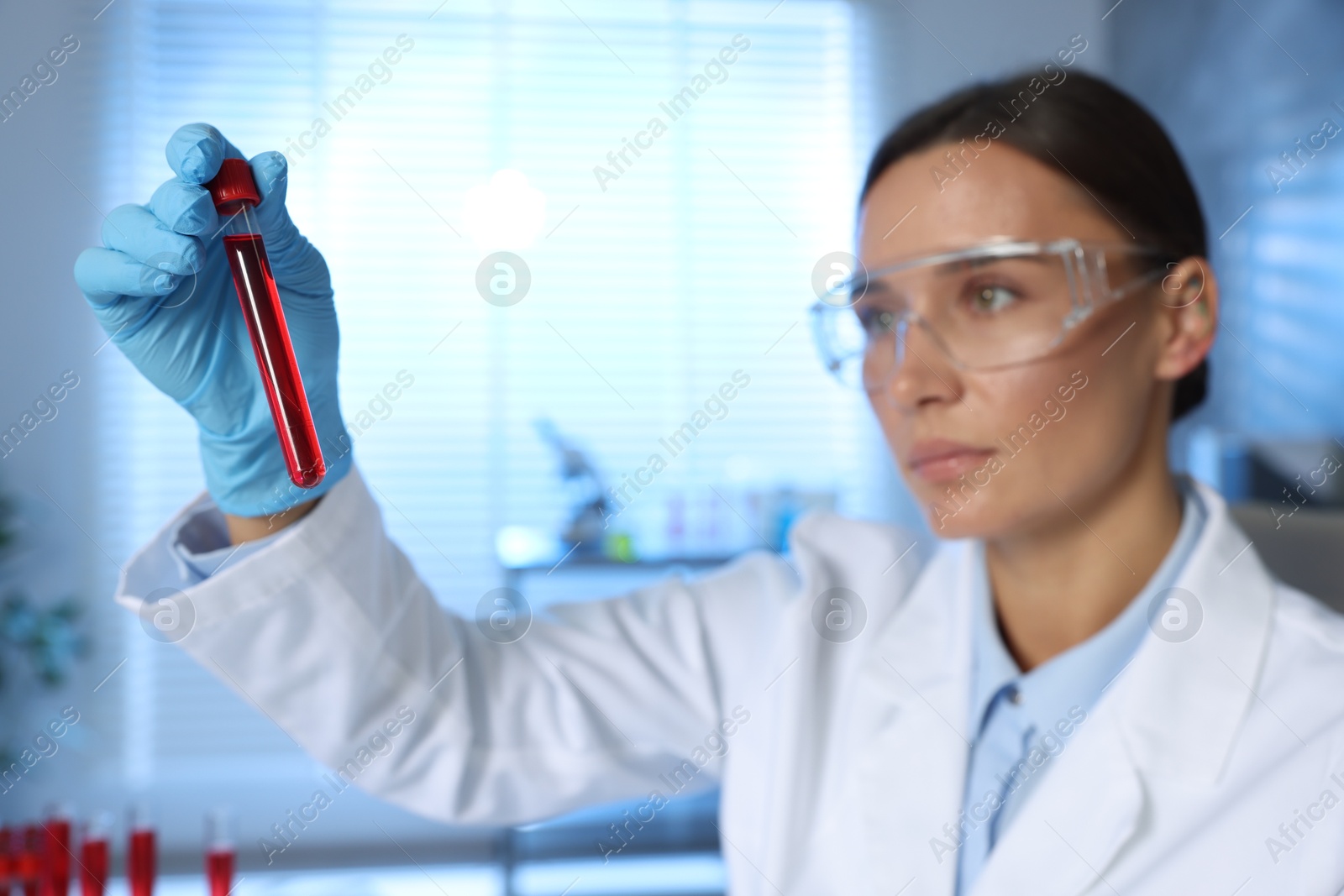 Photo of Laboratory testing. Doctor holding test tube with blood sample indoors, selective focus