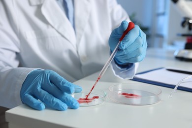 Photo of Laboratory testing. Doctor dripping blood sample into Petri dish indoors, closeup