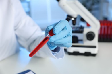 Laboratory testing. Doctor holding test tube with blood sample at table indoors, closeup