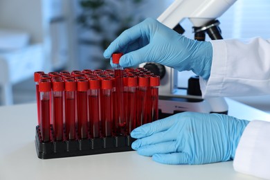 Photo of Laboratory testing. Doctor taking test tube with blood sample from rack at table indoors, closeup