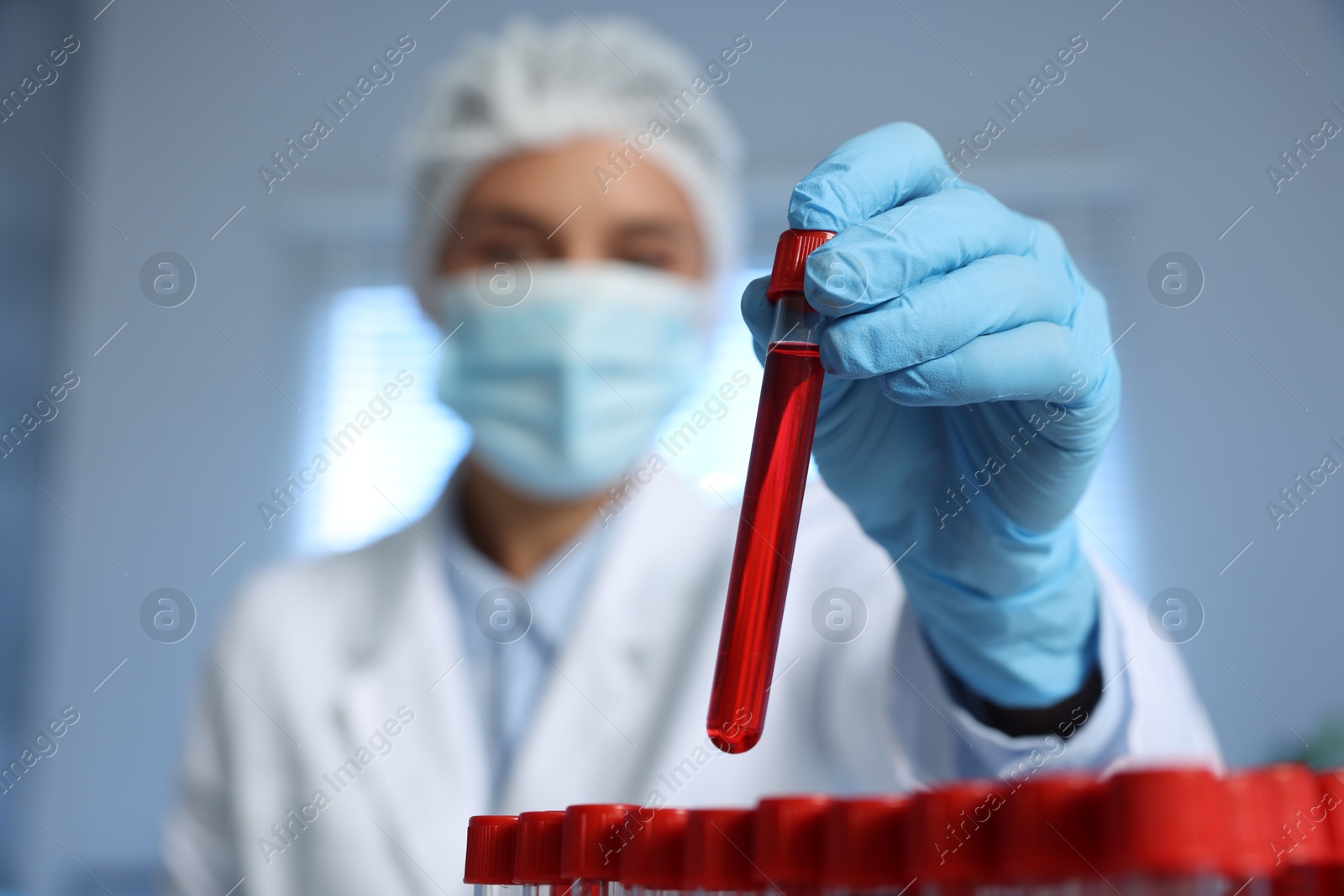 Photo of Laboratory testing. Doctor holding test tube with blood sample indoors, selective focus