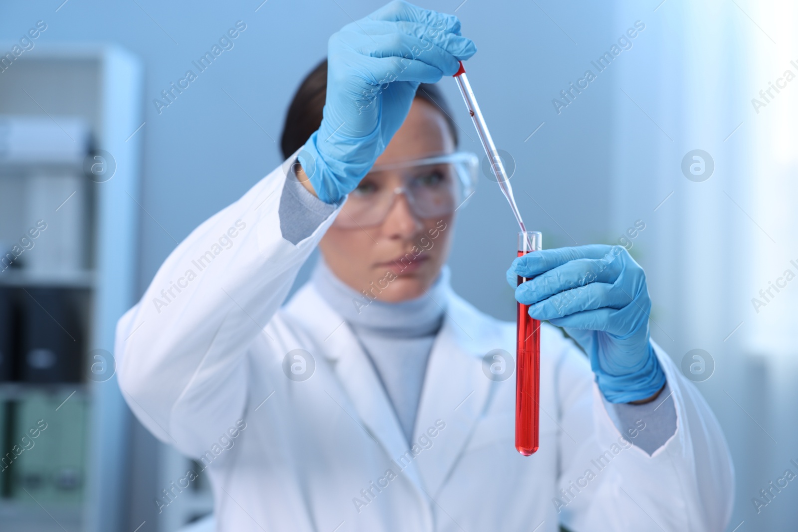 Photo of Laboratory testing. Doctor dripping blood sample into test tube indoors, selective focus