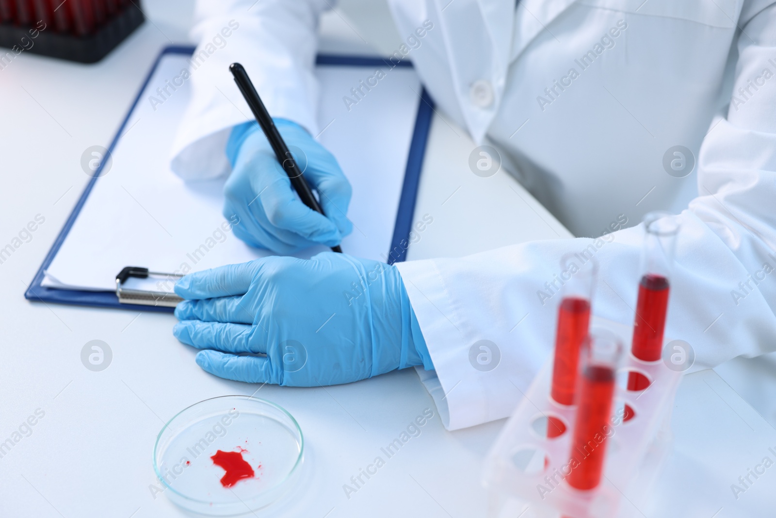 Photo of Laboratory testing. Doctor working at white table indoors, closeup