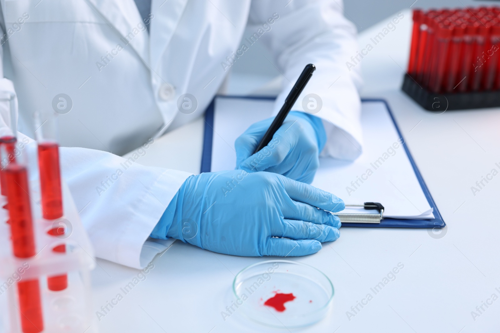 Photo of Laboratory testing. Doctor working at white table indoors, closeup