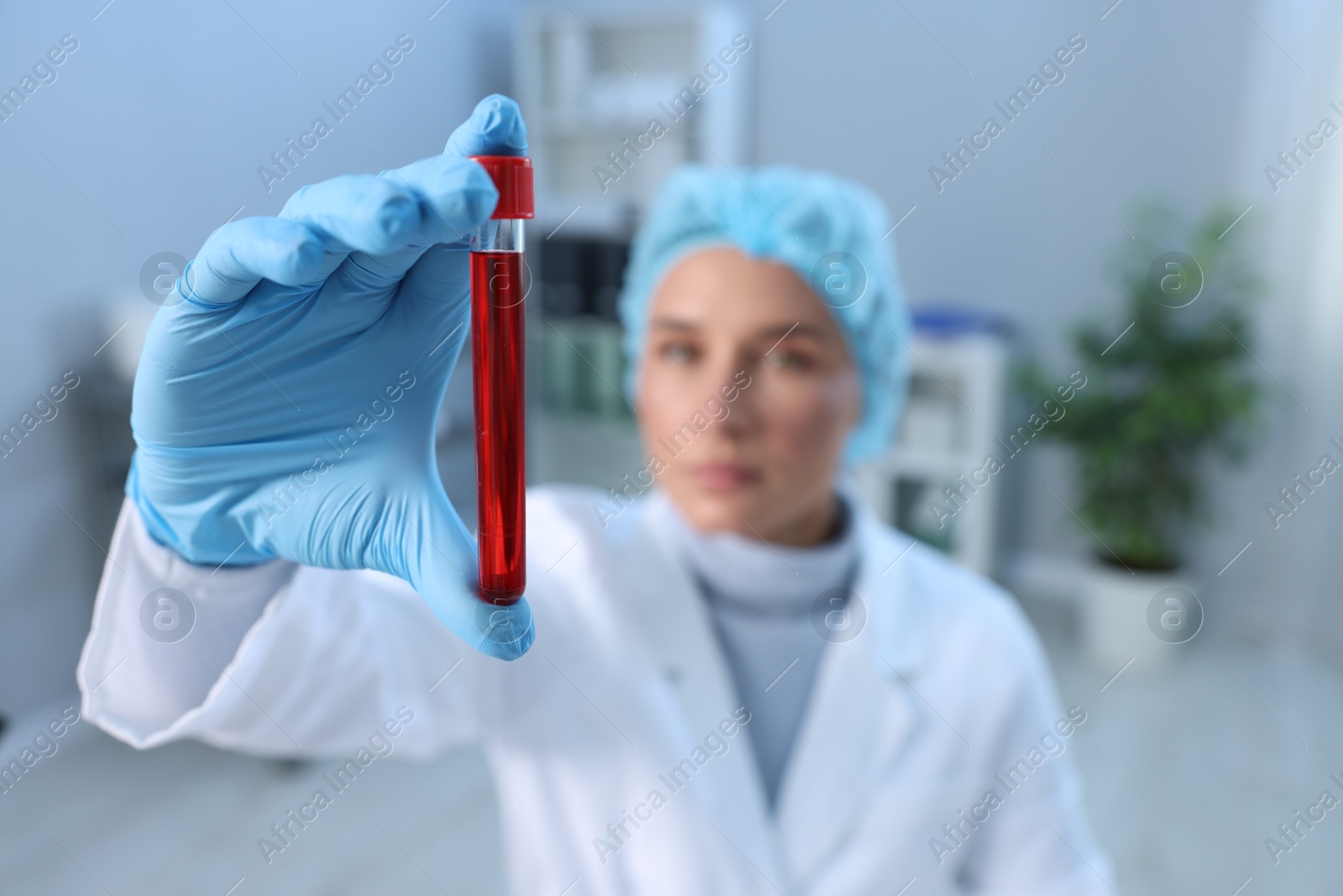 Photo of Laboratory testing. Doctor holding test tube with blood sample indoors, selective focus