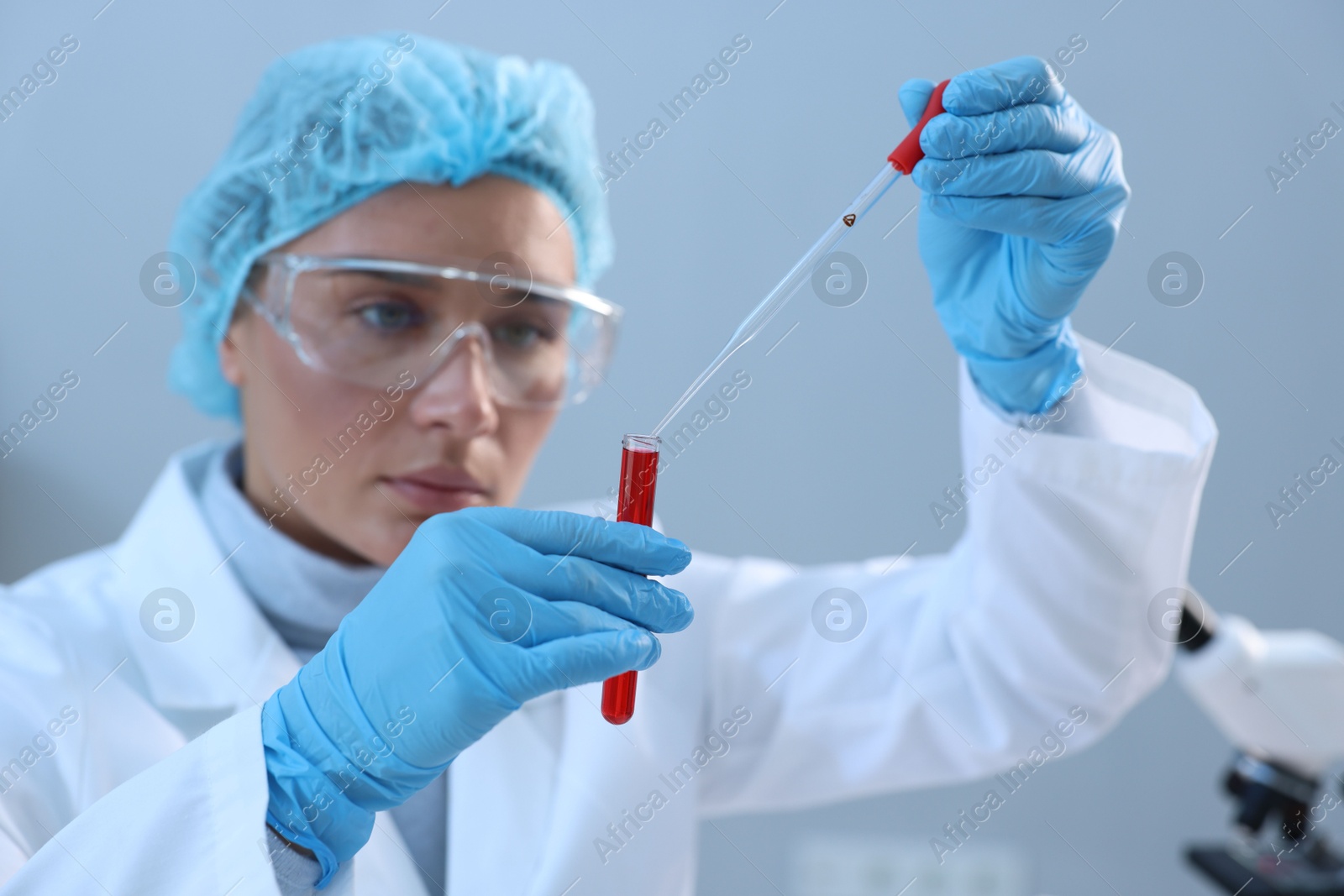 Photo of Laboratory testing. Doctor dripping blood sample into test tube indoors, selective focus