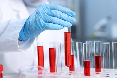 Photo of Laboratory testing. Doctor taking test tube with blood sample from rack indoors, closeup