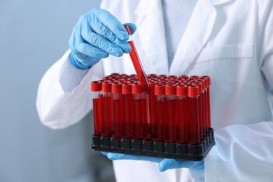 Laboratory testing. Doctor with blood samples in tubes indoors, closeup