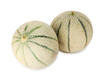 Photo of Two whole Cantaloupe melons isolated on white