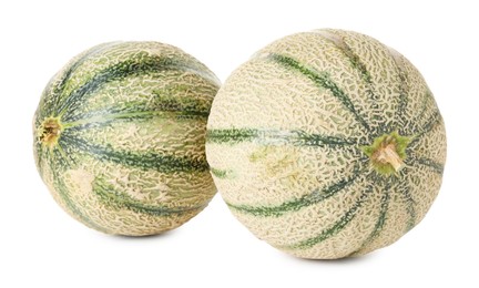 Photo of Two whole Cantaloupe melons isolated on white