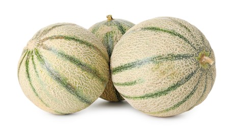 Three whole Cantaloupe melons isolated on white