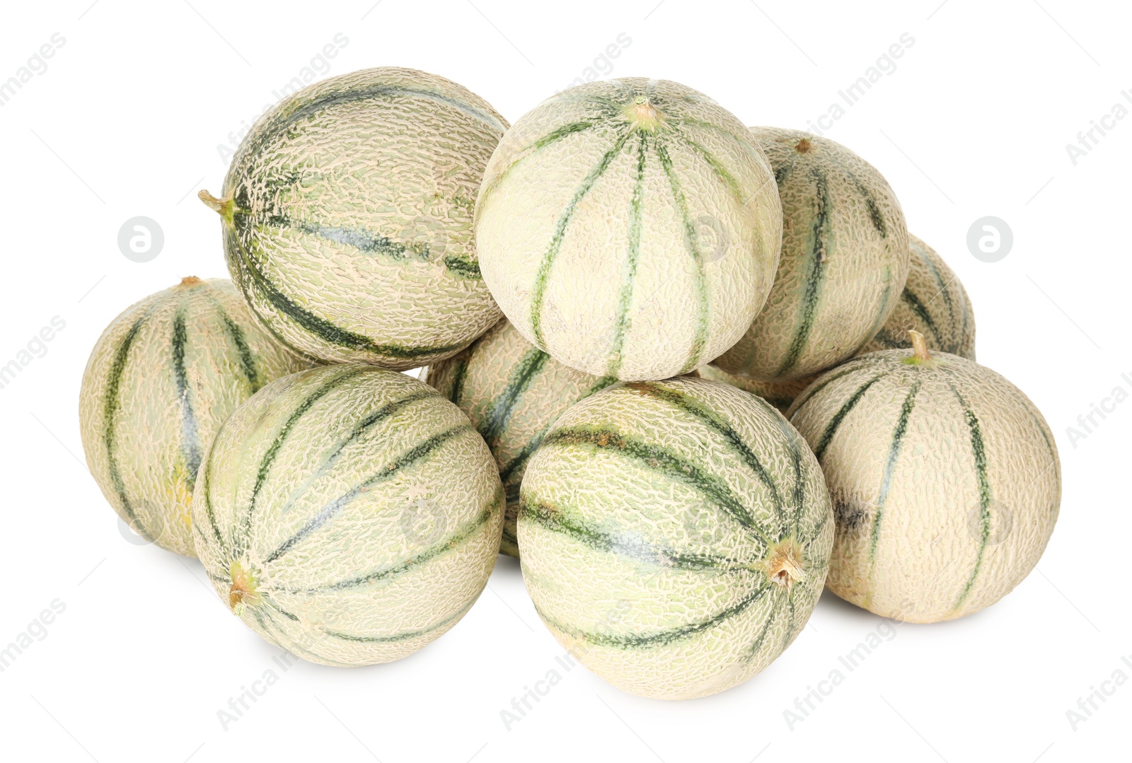 Photo of Many whole Cantaloupe melons isolated on white