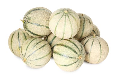 Many whole Cantaloupe melons isolated on white