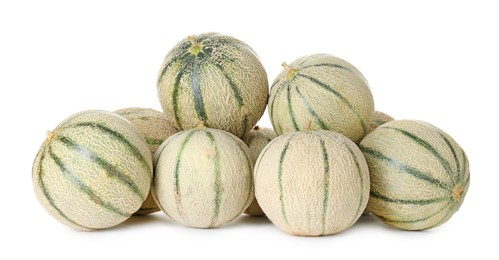 Photo of Many whole Cantaloupe melons isolated on white