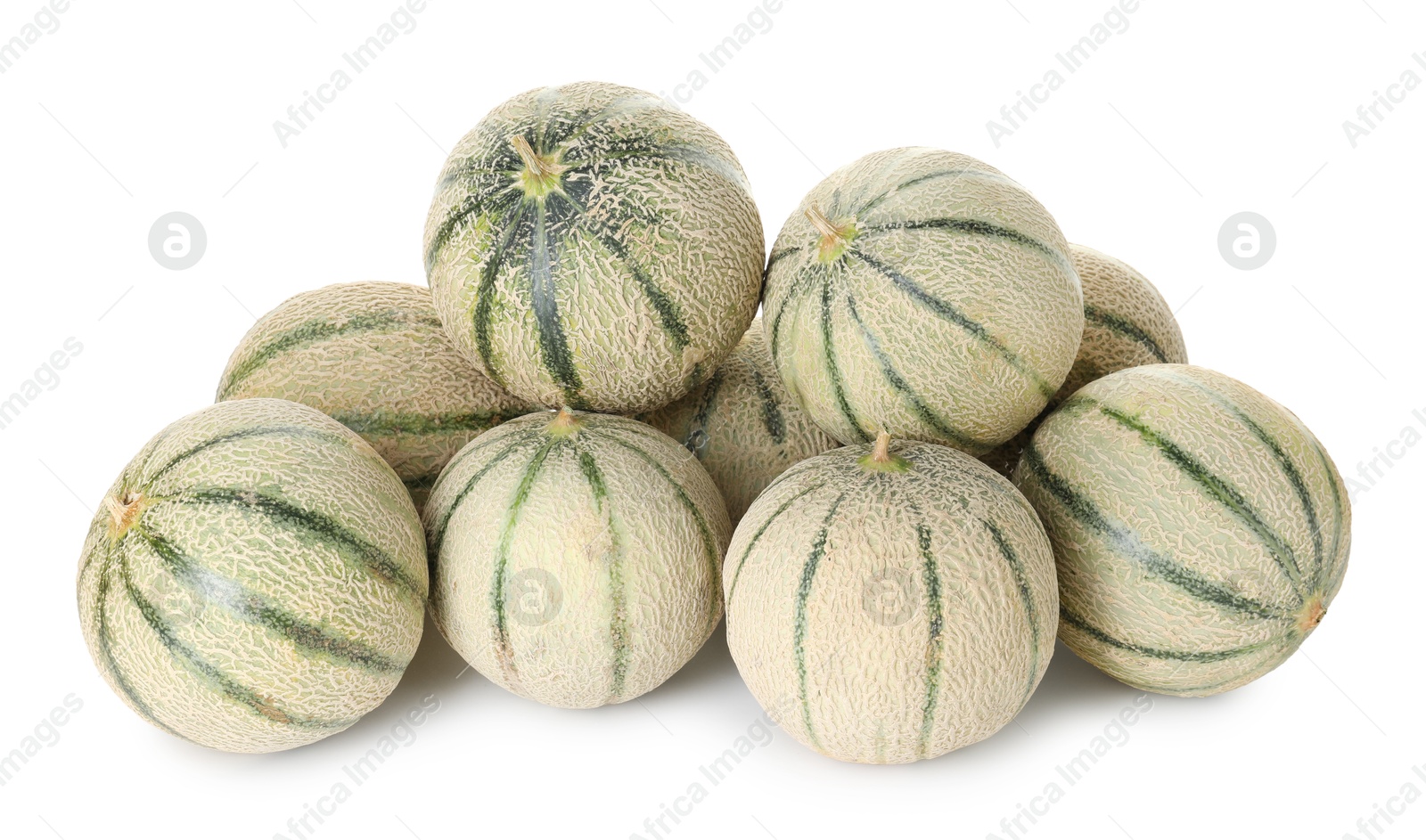 Photo of Many whole Cantaloupe melons isolated on white