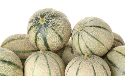 Many whole Cantaloupe melons isolated on white